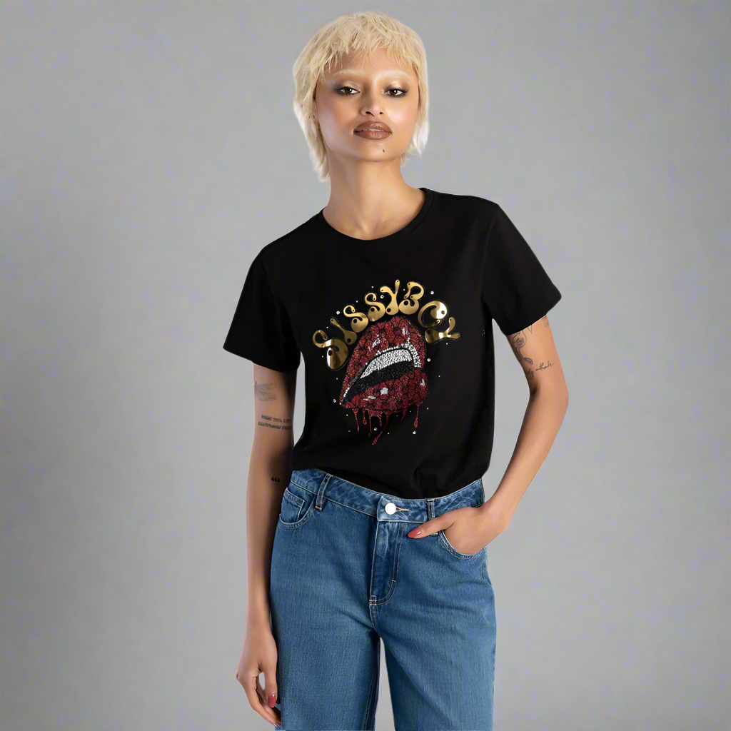 Front view of the Sissy Boy LIPS AND DRIPS T-shirt featuring a bold graphic lip print