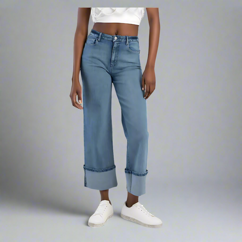 Looser fit wide leg jeans with detailed turn up by Sissy Boy| Asher