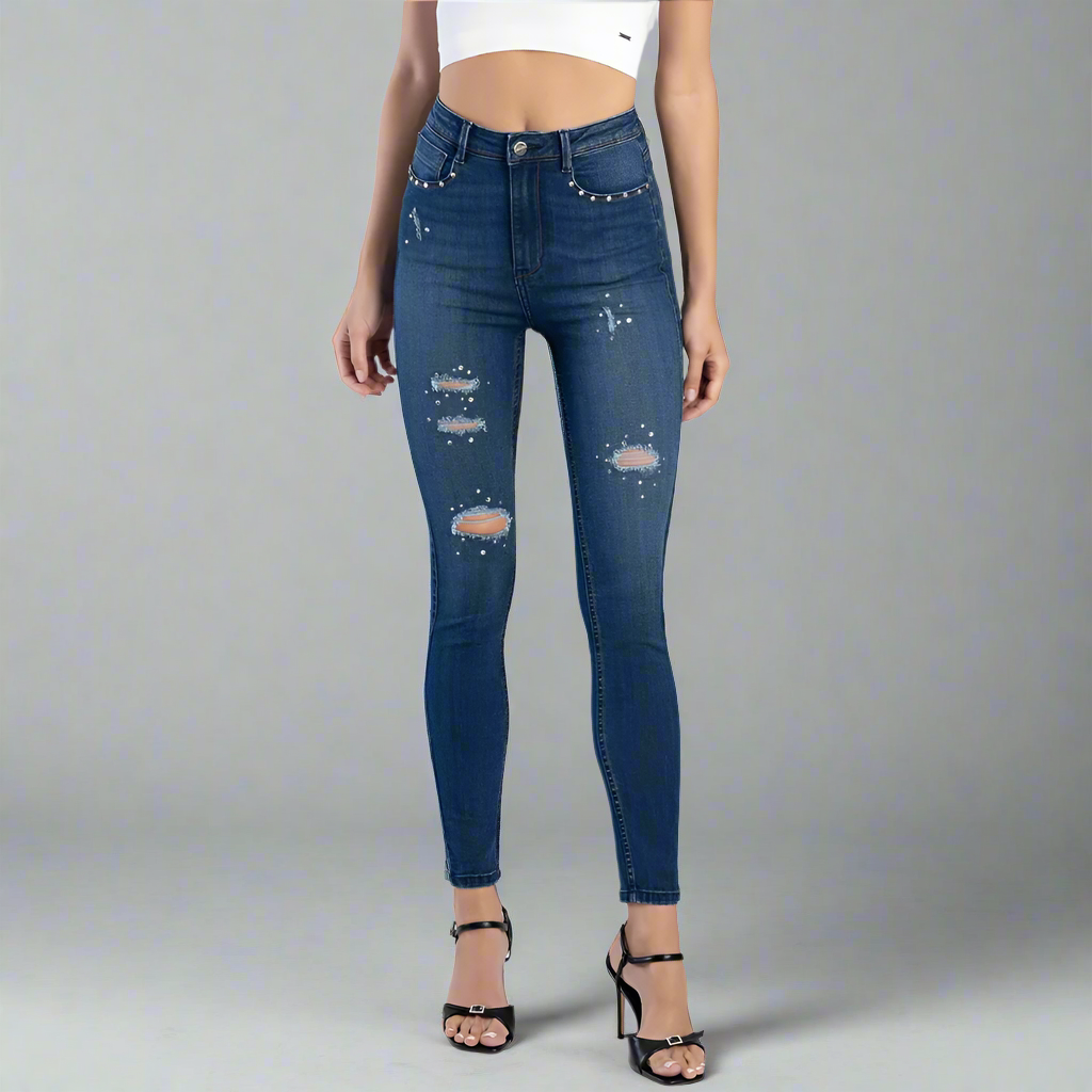 Front view of Sissy Boy Vera Jeans featuring a high-rise fit and skinny slim leg, designed for curvy women with stylish rip details.