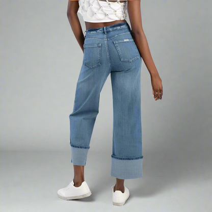 Looser wide leg jean in medium blue 