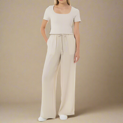 Cleo - Ecru Draw String  Wide Leg Pants