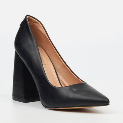 Classic black high-heel shoes with a 9cm block heel, Miss Black Novi 1 design.