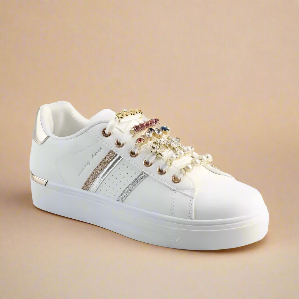 Stylish White and Gold Lace Trim Sneakers by Sissy Boy