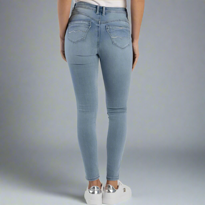 Back view of Zoey Skinny Jeans, emphasizing the silver stitch detail and snug skinny cut.