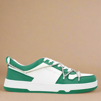 Sissy Boy Iridecent Colourblock Sneaker featuring a white base with vibrant green accents and sparkling diamante trim, displayed on a neutral background