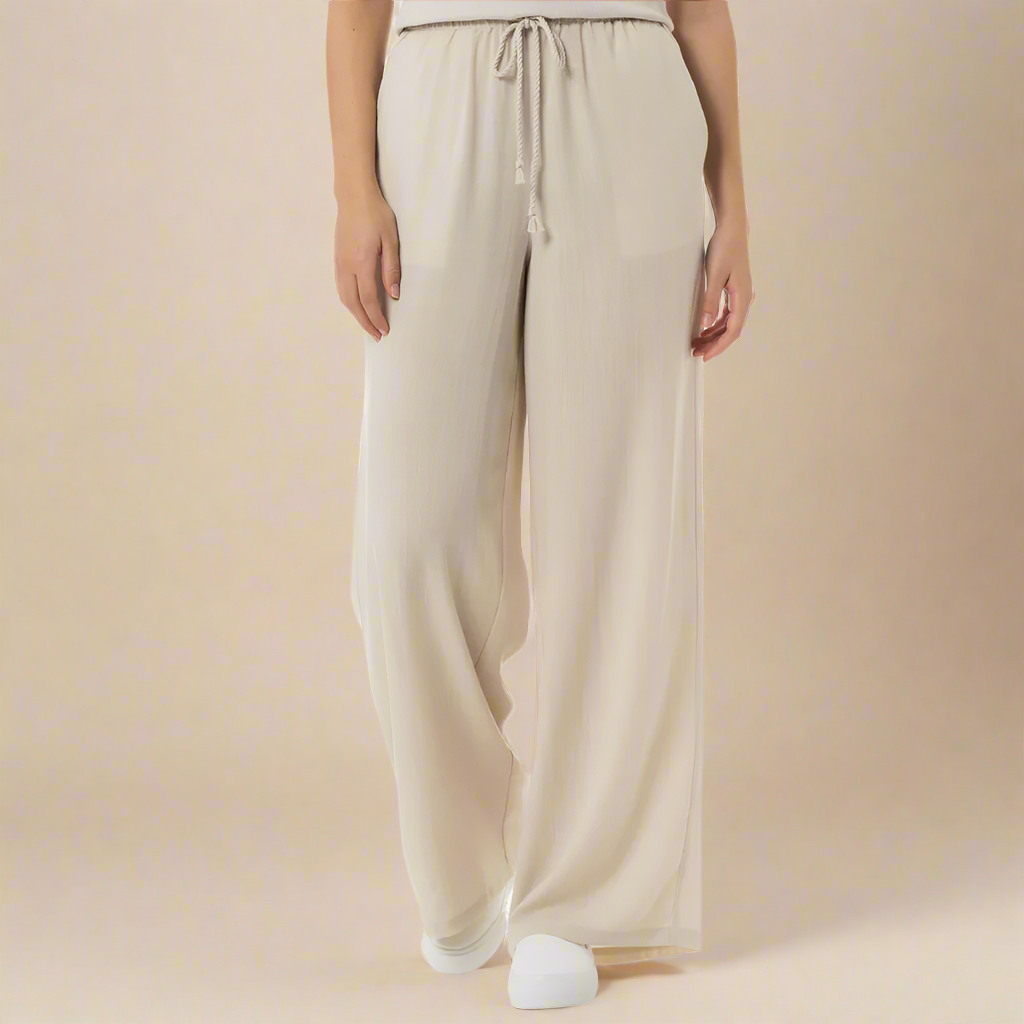 Cleo - Ecru Draw String  Wide Leg Pants