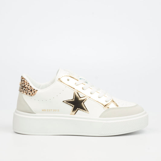 Miss Black Twinkle 1 Sneaker in white with gold star detail, round toe, and lace-up design.