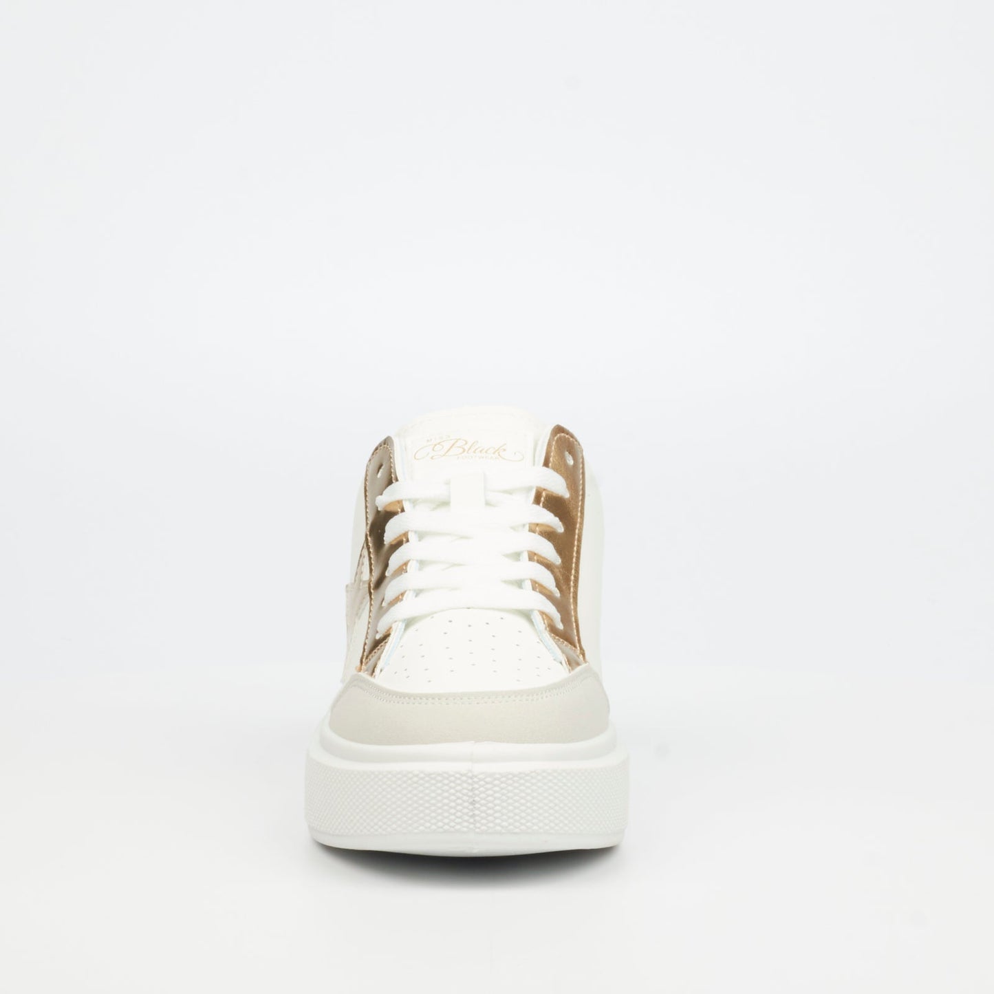 Miss Black Twinkle sneaker featuring faux leather material and trendy gold accents