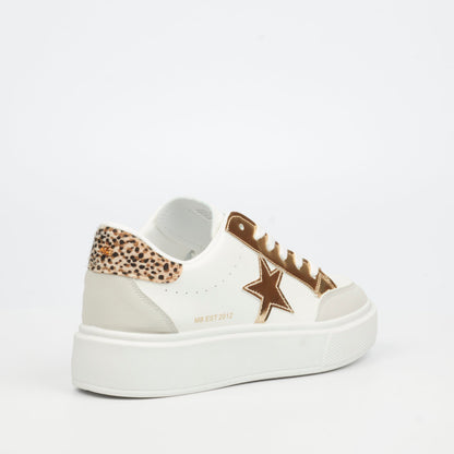 White casual sneaker for women with lace-up closure and standout gold star design.