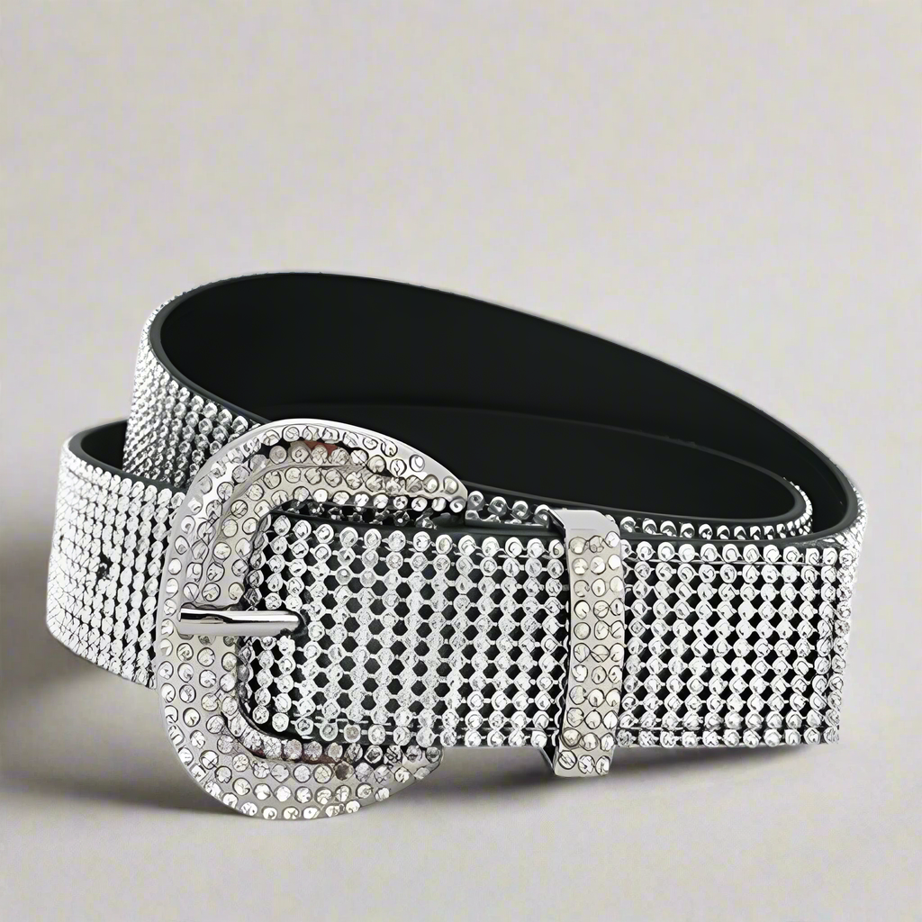 A silver belt with a rhinestone-studded buckle and strap. The belt is tightly coiled, showcasing the intricate design of the crystals. The buckle has a rounded shape with smaller rhinestones surrounding it.